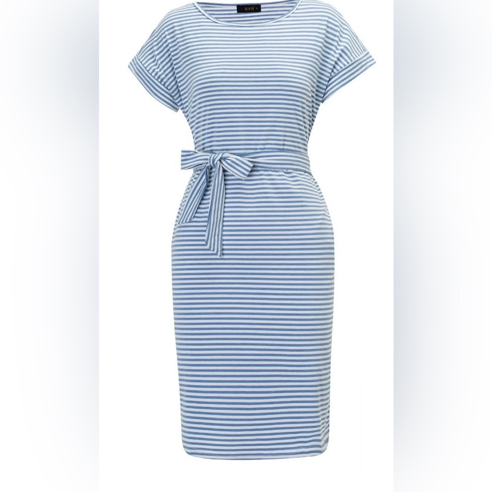 Striped T Shirt Dress Casual Midi Dress Short Sleeve Sundress with pockets